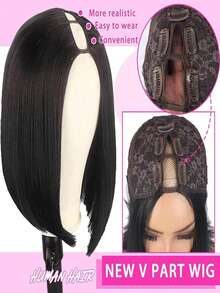 V Part Wig Bob Straight Wigs Human Hair Bob Wig With Clips Glueless Wigs Human Hair Beginner Friendly V Shape Wig No Glue No Sew Clip In Half Wigs For Women - SNatural - View 3