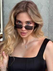 1 Pair Rectangular Frameless Fashion Glasses, , Retro Metallic Classic Decor, Suitable For Outdoor Travel, Beach Vacation, Elegant Matching For Women, Suitable For Family Outings, Travel, Vacation And Other Occasions - black gray - View 4