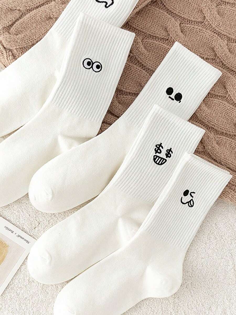5pcsWhite Couple Cartoon Expression Design Simple & Breathable Children's Mid-Calf Socks - White - View 1