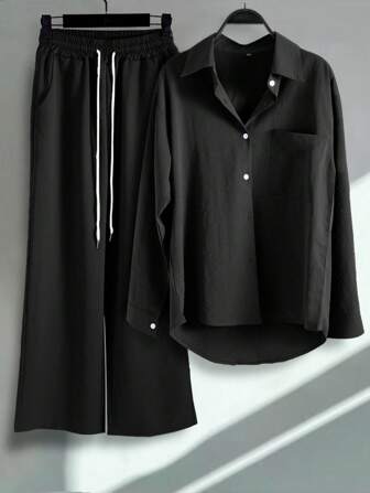 2 Pieces Plus Size Women Set Button Shirt & Drawstring Pants