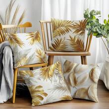 [2D Flachdruck] 4 Stücke goldene 3D Federn Blatt Bedruckte Kissenbezüge [Kissenfüllung nicht enthalten], 17.7*17.7in(45*45cm), [Einseitiger Muster] Moderne einfache Polyester Kissenbezüge für Sofa, Bett, Wohnzimmer, Schlafzimmer, Auto, Büro, Hotel Dekoration, Geeignet für alle Jahreszeiten, perfektes Geschenk für Familie und Freunde