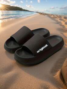 男士夏季新款字母条纹拖鞋，EVA防臭抗菌露趾厚底家居凉鞋，黑色时尚经典百搭热销男女通用四季拖鞋 - 黑色 - 查看 6