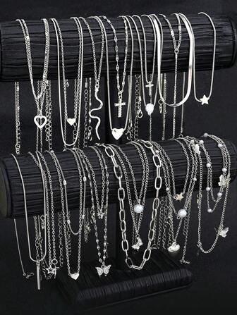 Conjunto de colares multicamadas de pérolas falsas com borboletas e corações prateados minimalistas da moda, 13/12/9/3 peças, presentes femininos para festas de aniversário e férias, combina com roupas do dia a dia e acessórios para festas