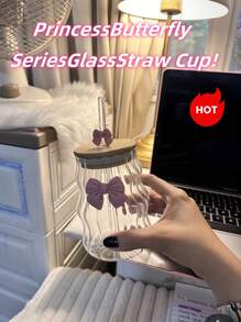 500ml(16.91oz) Butterfly Princess Series Glass Straw Cup - Ideal Gift For Holidays And Birthdays, For Coffee Or Bubble Tea Back To School