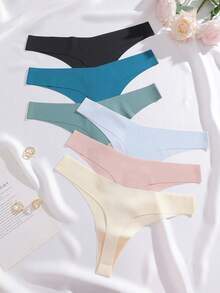 6pcs/Pack Women's V-Shape Waistline Design Seamless Low-Rise Thong Panties, Multiple Colors - Multicolor - View 3