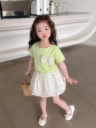 Young Girl 2Pcs Set: Green Polka Dot Bow Decor Short Sleeve Top And Skirt, Fresh Design