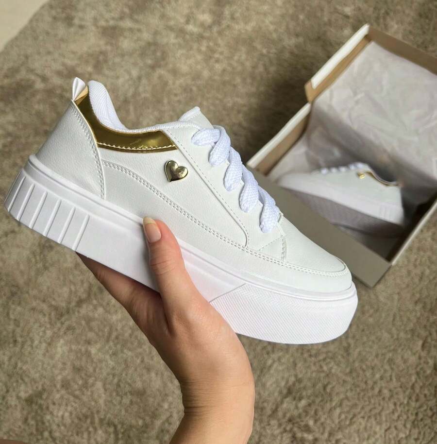 Women's Flat Heart-Shaped Sneakers, Comfortable For Everyday Wear - 金色 - 查看 1
