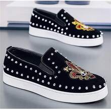 Men's Fashion Sneakers With Metal Punk Rivets Decor On Heel And Toe, Classic Black And White Color Block Style, Synthetic Leather Lightweight, Non-Slip Soft Sole, Versatile For Casual, Sports, Running, Stage Party, All Season Wear