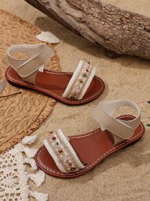 1 Pair Baby/Toddler Girls Beige Flat Sandals, Solid Color PU Strap Strap Hook And Loop Design Open Toe Roman Style Comfortable And Fashion Suitable For 3-12 Years Old Girls Daily, Vacation, Spring/Summer 2025