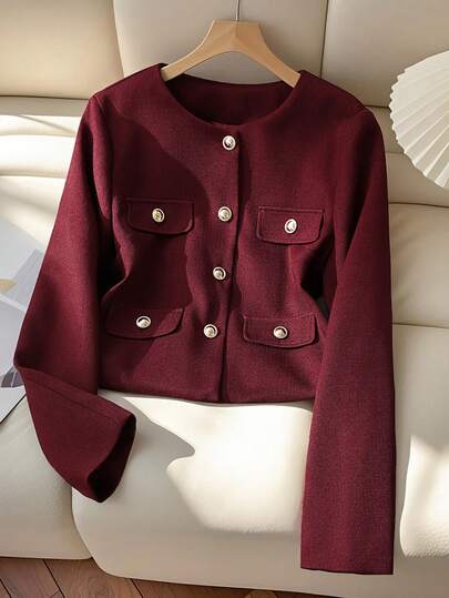 Women's Solid Color Long Sleeve Single-Breasted Short Casual Jacket, Elegant Thin Outerwear For Spring & Autumn