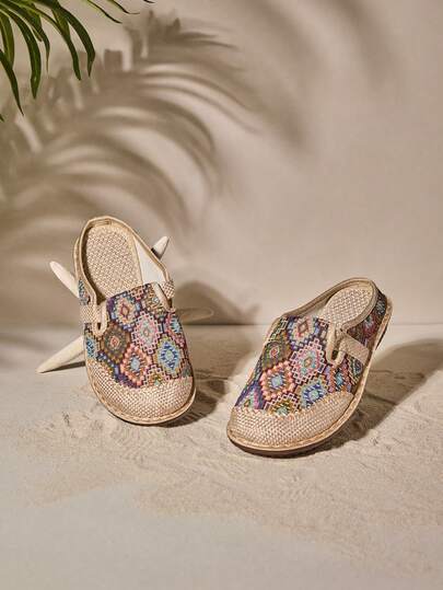 Tropiscape 女士几何图案闭趾穆勒鞋，波西米亚风圆头防滑鞋底休闲拖鞋，秋季圣诞节冬季圣诞礼物