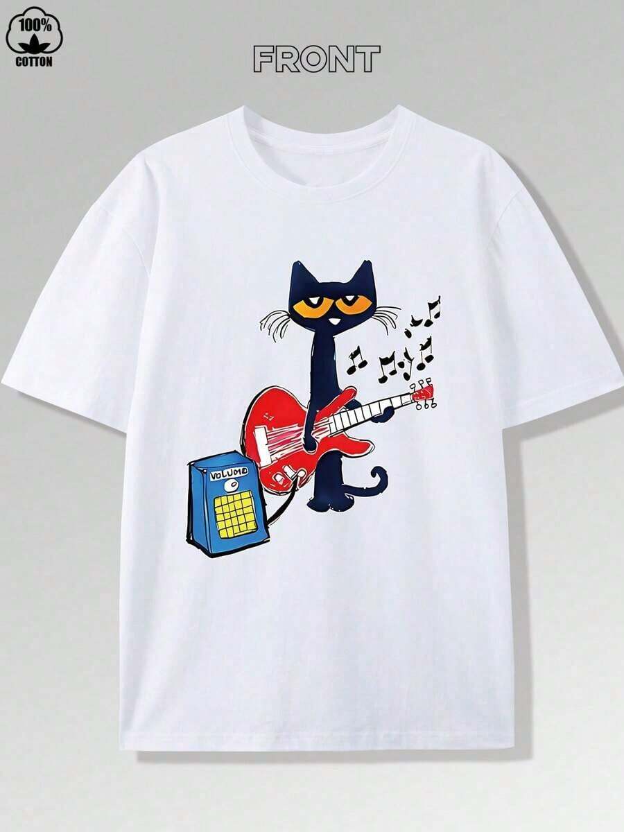 Dynamic Music Guitar Kitten Print-Shirt – 220g, Cotton Short Sleeve Round Neck Top, Fashionable Casual Premium Men's-Shirt – High-Quality Cartoon Print Design, Soft And Breathable, Loose Fit, Music Lovers And Kitten Enthusiasts NXHV - 白色 - 查看 1