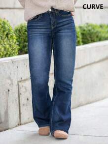 Plus Size Women Versatile Casual Denim Flared Leg Pants, Stretchy, Long Length, Slimming, Summer