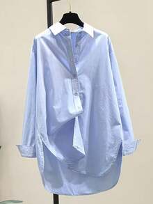 Plus Size Women Regular Length Shirt Collar Blouse, Drop Shoulder Long Sleeve, Button Decor Asymmetric Hem Spring - Blue - View 2