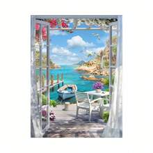 Kit da ricamo in diamanti 5D con scena di lago tranquillo - kit completo con puntini rotondi, scena di una barca e di una finestra su tela, decorazione per la casa vivace, nuovo kit di pittura di diamanti