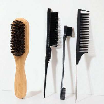 4 Pieces Hair Styling Comb Beard Brush Set For Men's Beauty-Edge&Back Brushing, Combing, Slicking Hair Back To School, Travel Holiday Essentials, Hair Brush, Hairbrush, Hair Combs, Barber, Slick Back Brush, Hair Comb Hair, Curly Hair Brush, Detangling Brush, Ball Brush, Mini Hair Brush, Curly Hair Products, Christmas, Hairdressing, Wooden Comb, Hair Brush, Hairdressing Equipment, Hairstyle, Hairdressing, Hair Brush, Brush Hair Brush Set, Comb Hair, Comb For Curls, Detangling Brush, Hair Brush For Women, Barbershop, Hairdressing Equipment