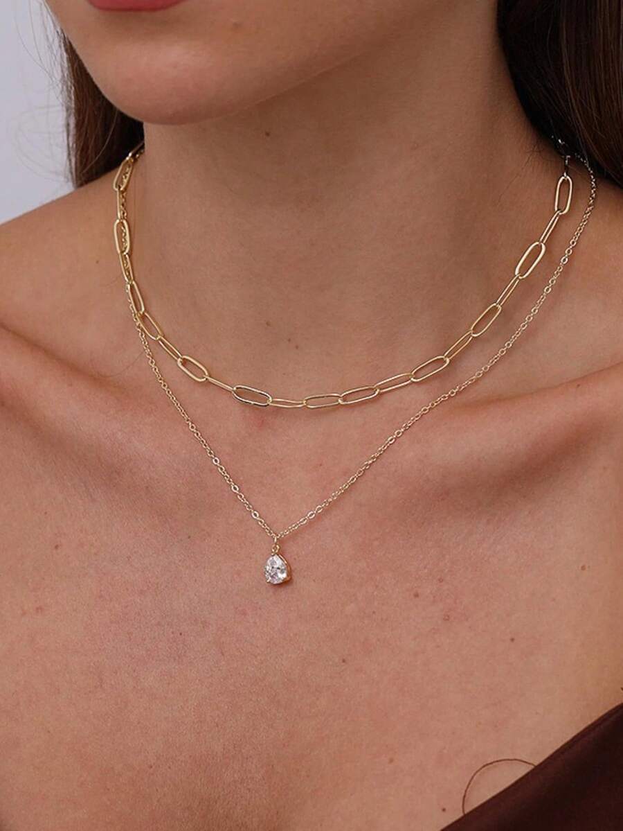 Double Necklace Mini Point Of Light Drop 925 Silver Plated 18k Gold - Vàng - Xem 1