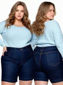 Kit 2 Bermudas Feminina Plus Size Jeans Com Lycla (Elastano) Modelo Meia Coxa