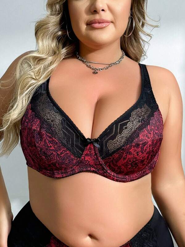 Plus Size Women's Floral Lace Patchwork Full Coverage Underwired Bra, Retro Romantic Sexy Elegant Lingerie