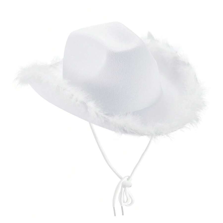 Women Girls Boys Cowboy Hat Classic Roll Up Brim Fedora Cowgirl Hat Western Cowboy Hat Stage Performance Hat - White With Fur - View 1