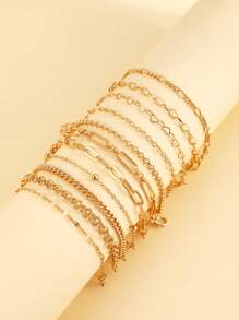 16pcs/12pcs/11pcs/9pcs Stylish Simple Classic Copper Braided & Snake Chain Layered Heart Charm Bracelet Set For Women, Birthday, Vacation, Party, Daily Outfit, Versatile. (Please Note There May Be Slight Color Difference Between Actual Product And Images Due To Lighting And Angle During Photography)
