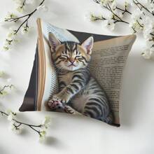 1pc Cute Cat Holding Phone Print Decorative Cushion Cover, Single-Sided, 17.7*17.7 Inches, 180gsm Soft Plush, 100% Polyester, Machine Washable, Zipper Closure, Suitable For Party Decor, Bedroom, Living Room, Sofa, Car Seat (Inner Pillow Not Included)