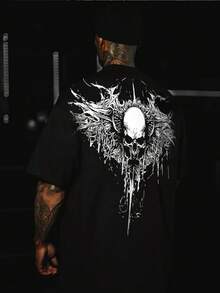 男士夏季休闲短袖T恤，复古暗黑骷髅风格，圆领，涤纶面料，适合运动健身 - 黑色 - 查看 1