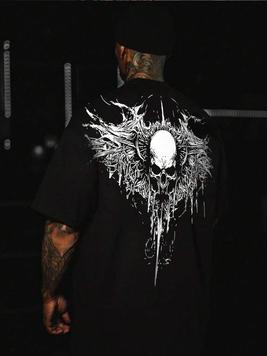 男士夏季休闲短袖T恤，复古暗黑骷髅风格，圆领，涤纶面料，适合运动健身 - 黑色 - 查看 1