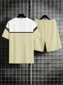Camiseta e shorts de manga curta com estampa digital em bloco de cores para o verão masculino - Caqui - Ver 2
