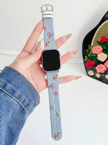 1 Stück Armband mit Stickerei für Damen, Blumen, Kirsche, Waschbares Denim-Leder, passend für Band 38mm 40mm 41mm 42mm 44mm 45mm 49mm S10 42mm S10 46mm, Stylisch, Niedlich, Bequem austauschbares Band kompatibel mit Series Ultra 2