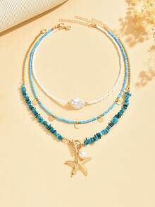 3pcs/Set Bohemian Beach Style Turquoise Starfish Pendant Necklace Multi-Layered Beaded Necklace Decorated With Imitation Pearls And Disc Tassel Design Women's Fashion Necklace Suitable For Beach Vacation Wear And Gift Giving - Multicolor - View 4