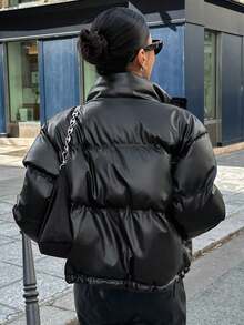 Women's Quilted Leather Puffer Jacket - Black - View 8