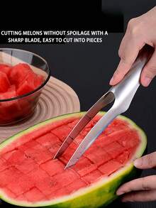 1PC Stainless Steel Fruit Cutter, Watermelon Cutter Slicer, Watermelon Cube Cutter, Cut Watermelon Into Cubes Knife Melon Baller For Kitchen Gadgets - Silver - View 8