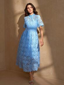 优雅圆领后背拉链腰部褶皱 A 字下摆蕾丝花边奢华女士连衣裙 - 淺藍色 - 查看 7