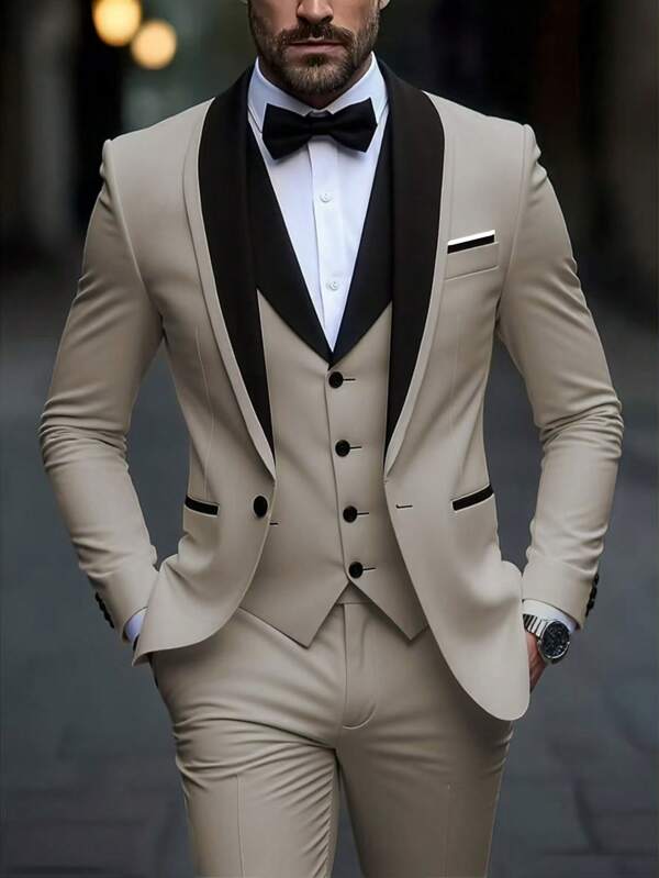 3 Stück Herren Frühlings-Business-Anzug, Herren einfarbiger Anzug für Bräutigam, Hochzeitskleidung für Männer, Slim Fit Lässig Blazer Jacke Weste Hose