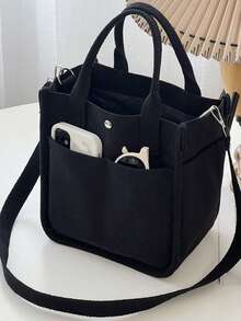 时尚轻便帆布手提包，多口袋设计，多功能斜挎午餐盒造型收纳包，韩版ins风多隔层妈妈宝宝户外便携大容量手提包，超便携时尚妈妈户外手提包 - 黑色 - 查看 5