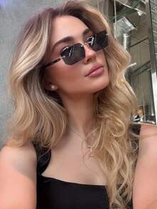 1 Pair Rectangular Frameless Fashion Glasses, , Retro Metallic Classic Decor, Suitable For Outdoor Travel, Beach Vacation, Elegant Matching For Women, Suitable For Family Outings, Travel, Vacation And Other Occasions - black gray - View 2