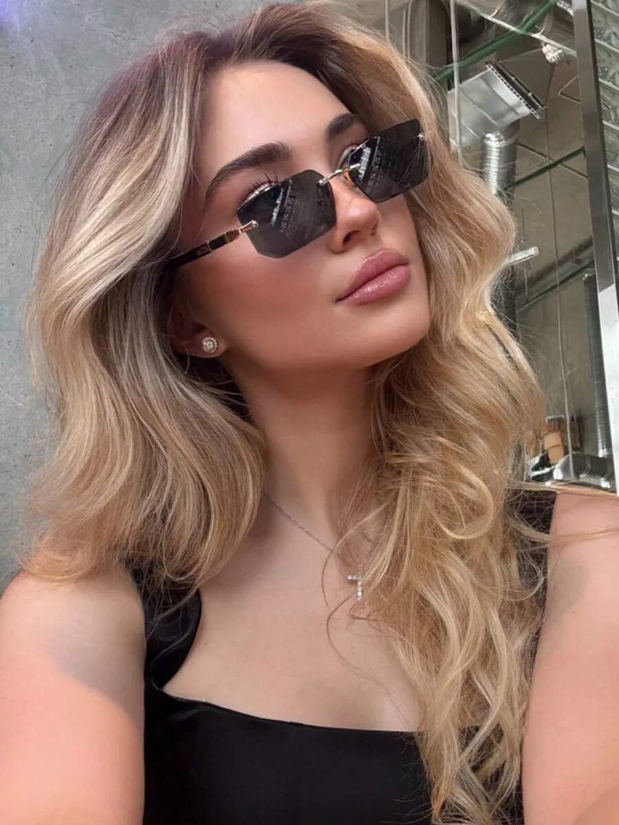 1 Pair Rectangular Frameless Fashion Glasses, , Retro Metallic Classic Decor, Suitable For Outdoor Travel, Beach Vacation, Elegant Matching For Women, Suitable For Family Outings, Travel, Vacation And Other Occasions