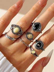 7 件套复古银色仿旧水钻镂空花朵图案金属戒指，女士首饰套装 - 彩色 - 查看 4
