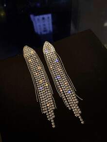 1 Pair Long Tassel Crystal Triangle Earrings, High-End Geometric Design Suitable For Women, Weddings, Banquets, Gifts Valentine's Day Accessories - Silver - View 4
