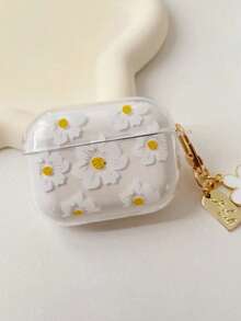 Fashionable White Flower Wireless Earphone Case Compatible With AirPods 4th Gen 1/2/3/Pro/Pro 2, With Key Chain Pendant - Shock-Absorbing Soft Lightweight Wireless Earphone Protective Case, Gift For Friends - Yellow - View 10