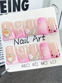 10pcs Duckbill Sweet Girly Ice Pink Blush Leopard Print French Handmade Acrylic Press On Nails, Floral Rhinestones Decorated Long Duckbill Fake Nails With Jelly Glue And Nail File, DIY Nail Art Supplies Valentine'S Day School Music Festival Travel