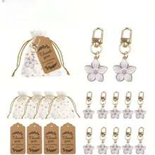 36pcs/12Set White Flower Keychain Gift Bag Candy Bag Set, Hot Stamping Star And Moon Drawstring Bag Organza Bag, Brown Kraft Paper Thank You Hanging Tag Thank You Gift Bag Tag Card Keychain, Very Suitable For Parties, Birthdays, Weddings, Colleagues, Friends, Famil
