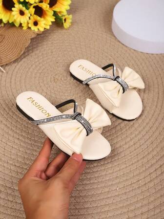 2025 Vår- och sommarbarn Casual Fashion Bowknot Strass Mångsidiga sandaler, Barn Utomhus Strandtofflor