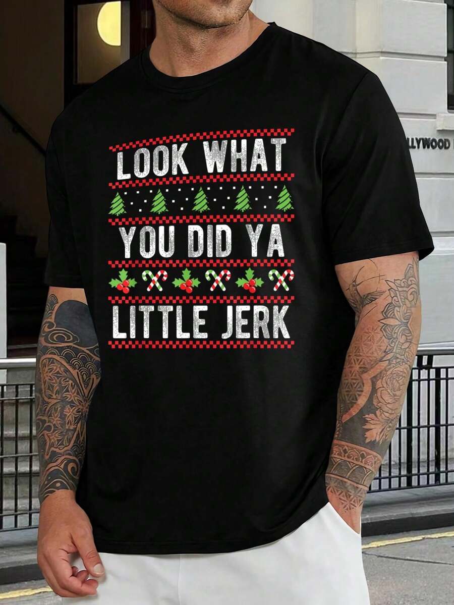 Camiseta divertida de Navidad - ¡Mira lo que hiciste, pequeño imbécil! - Estilo suéter navideño feo - Camiseta gráfica festiva de Navidad para hombres, mujeres y familia - Regalo de Navidad para el esposo - Negro - Ver 1