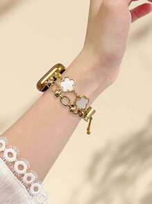 1pc Compatible With Apple Watch Luxury Gold Chain & White Floral Decorated Bracelet Watch Band, Suitable For Ultra3/2/1, SE, S10/S9/8/7/6/5/4/3/2/1 Series, Fashion Gift For Young Women, Global Popular New Watch Strap 38mm 40mm 41mm 42mm 44mm 45mm 49mm Smart Watch Accessories