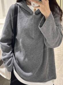 Women's Solid Color Half-Zip Hooded Long Sleeve Sweater, Autumn/Winter