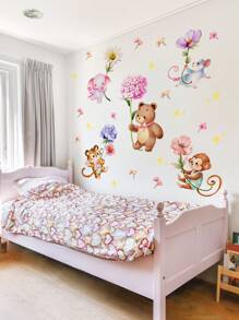 1pc/1set 2pcs Cartoon Elephant, Heart, Fox, Floral Wall Sticker For Living Room, Bedroom Decor, Self-Adhesive Wall Decal