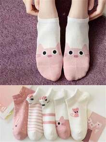 10 双女式低帮踝袜，可爱卡通猫咪图案，休闲日常穿着，学院风