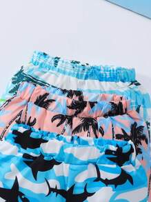 Set casual da spiaggia da 9 pezzi per bambini maschi, composto da canotta senza maniche con stampe di squali e palme + pantaloncini stampati